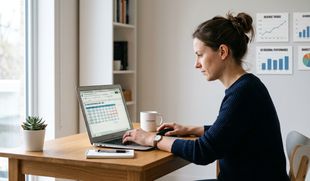 Person entering data in Excel or Google Sheets, focused expression, clean minimal workspace, numeric charts and graphs subtly in background