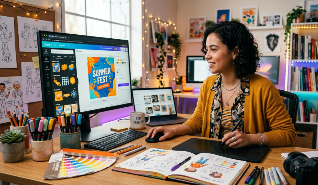 Designer working on a colorful Canva or Photoshop project, sketches and digital tools on the desk, creative studio lighting, vibrant colors