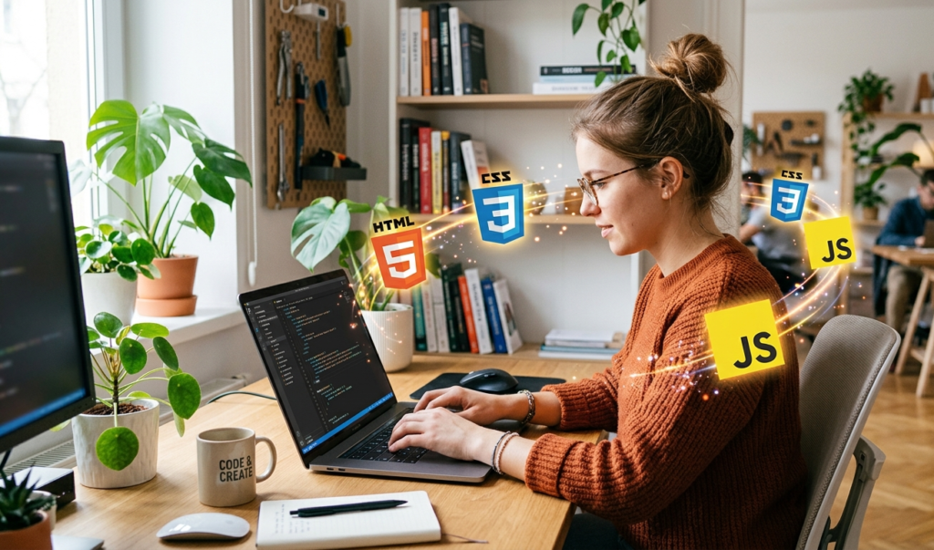 Person coding on a laptop with HTML, CSS, and JavaScript icons floating around, clean modern workspace, bright and inspiring atmosphere