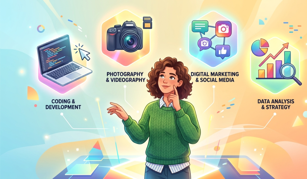 Illustration of a person choosing between tech skills icons like laptop, camera, social media, and charts, thoughtful pose, bright background