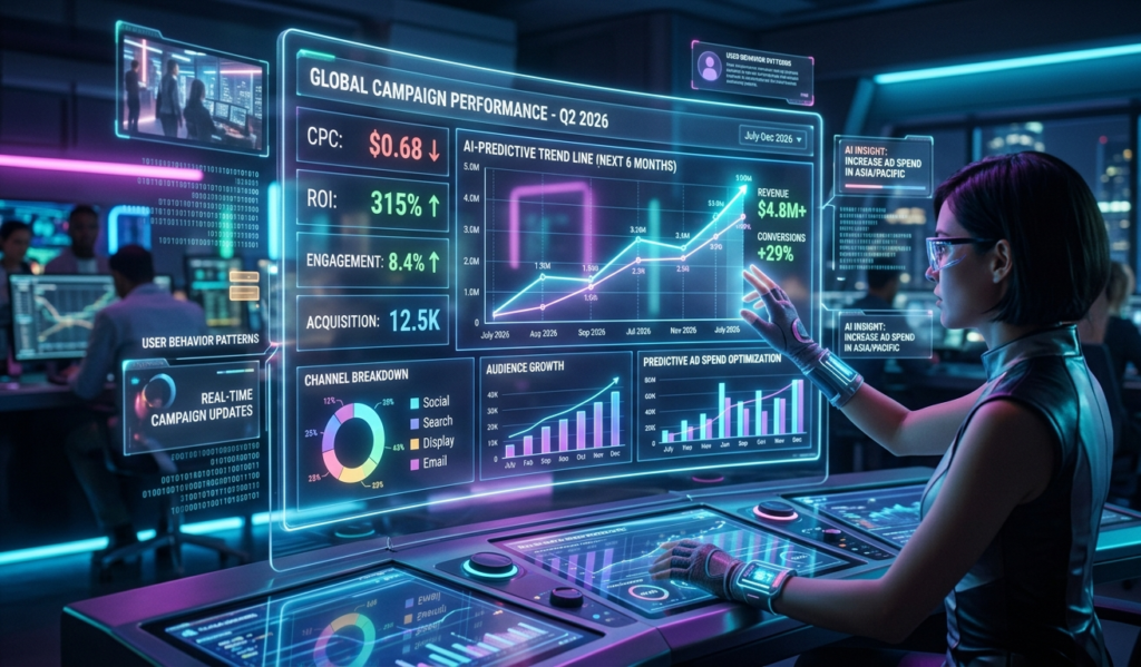 Digital marketing analytics screen with AI-powered graphs and predictive trend lines, glowing interface, holographic data streams, 2026 futuristic aesthetic