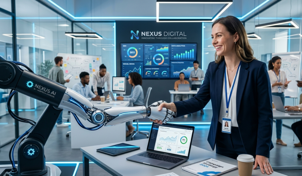 AI robot hand shaking hands with a human marketer, symbolizing collaboration in digital marketing, modern office background, clean futuristic design