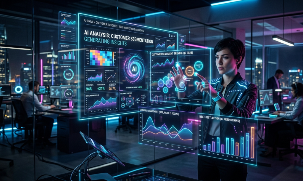 Futuristic marketing dashboard showing AI analyzing customer data and generating insights, holographic charts floating in a high-tech office, bright neon lights, 2026 tech style