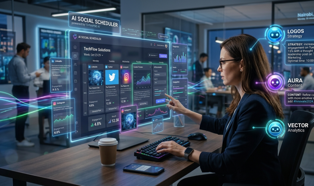 A marketer using AI to schedule social media posts, multiple AI assistant icons helping with strategy, futuristic UI and holographic interface