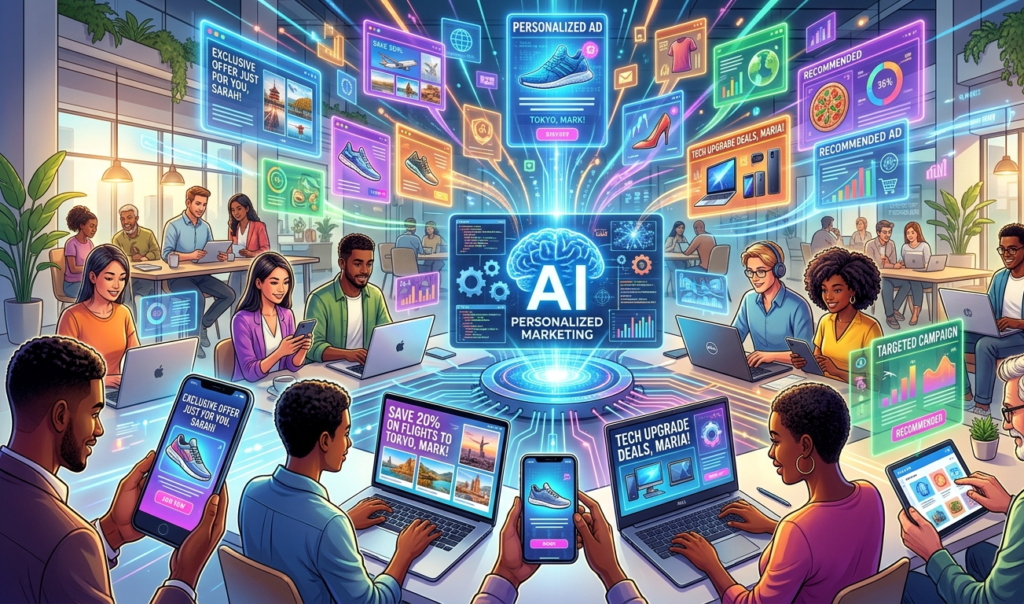 AI creating personalized marketing campaigns, floating digital ads appearing over diverse devices like laptops, phones, and tablets, bright and dynamic style