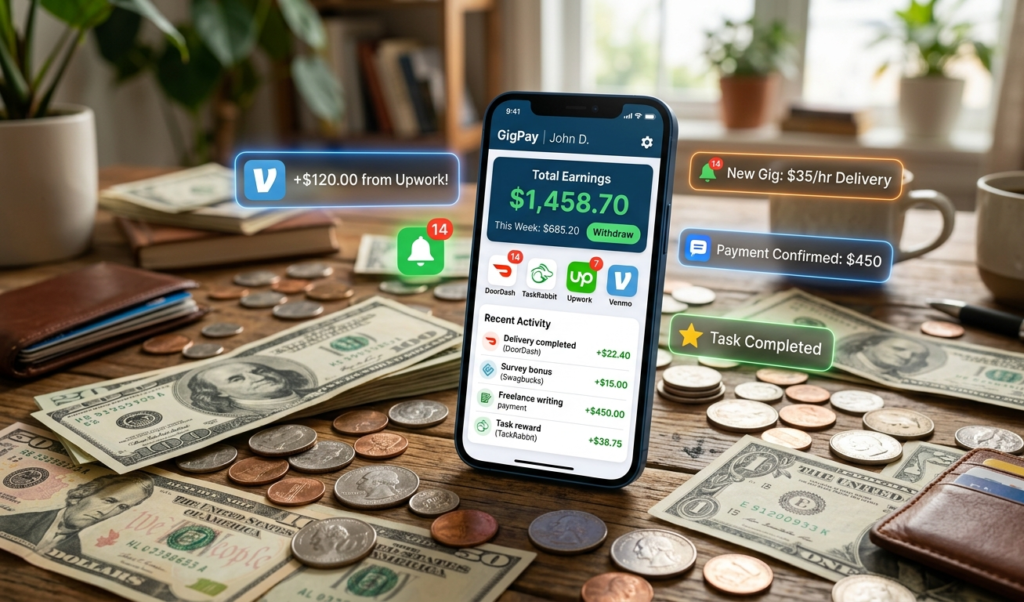 A smartphone surrounded by coins, bills, and notifications, showing app-based earnings.
