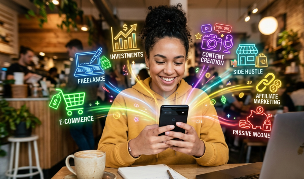 A young adult typing on a smartphone with colorful digital icons representing multiple income streams.