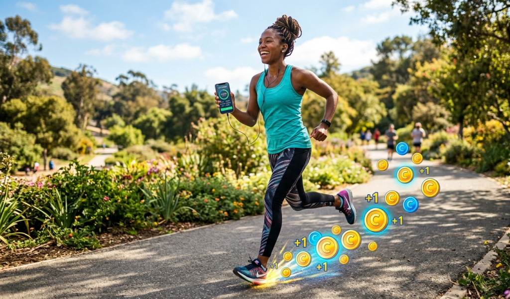 A young African woman jogging outdoors with a smartphone tracking steps, digital coins appearing with each step, sunny environment, energetic and motivational vibe
