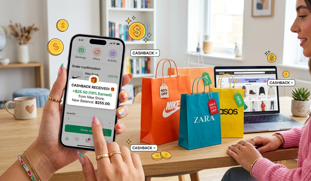 A stylish online shopping scene showing a phone with cashback notifications, shopping bags, discount tags, and digital money icons, bright colors, modern lifestyle aesthetic