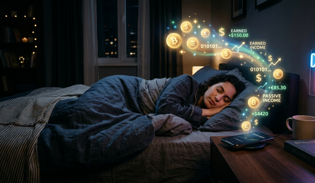 A peaceful bedroom scene with a person sleeping while glowing coins and digital earnings float out of a smartphone on a bedside table, dark background, soft neon light, cinematic
