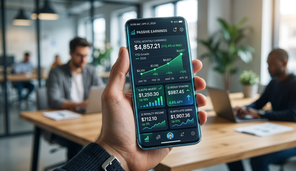 A smartphone screen displaying multiple passive income apps dashboards with earnings increasing, graphs going up, clean UI design, futuristic fintech interface, 2026 technology theme