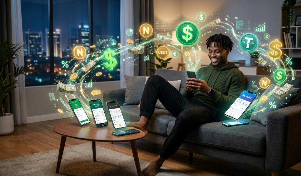 A modern young African man relaxing on a couch while multiple smartphones and floating digital icons generate money around him, glowing dollar signs, futuristic 2026 style, soft lighting, realistic, high detail
