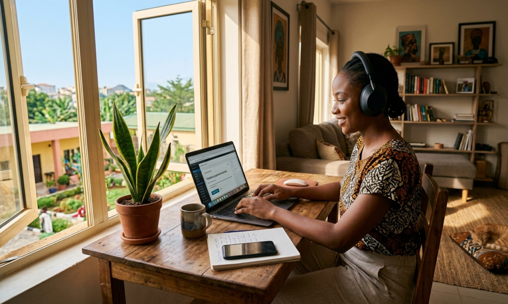 Young freelancer working on a laptop from home, relaxed environment, earning money online, digital nomad lifestyle, modern African setting, sunlight through window