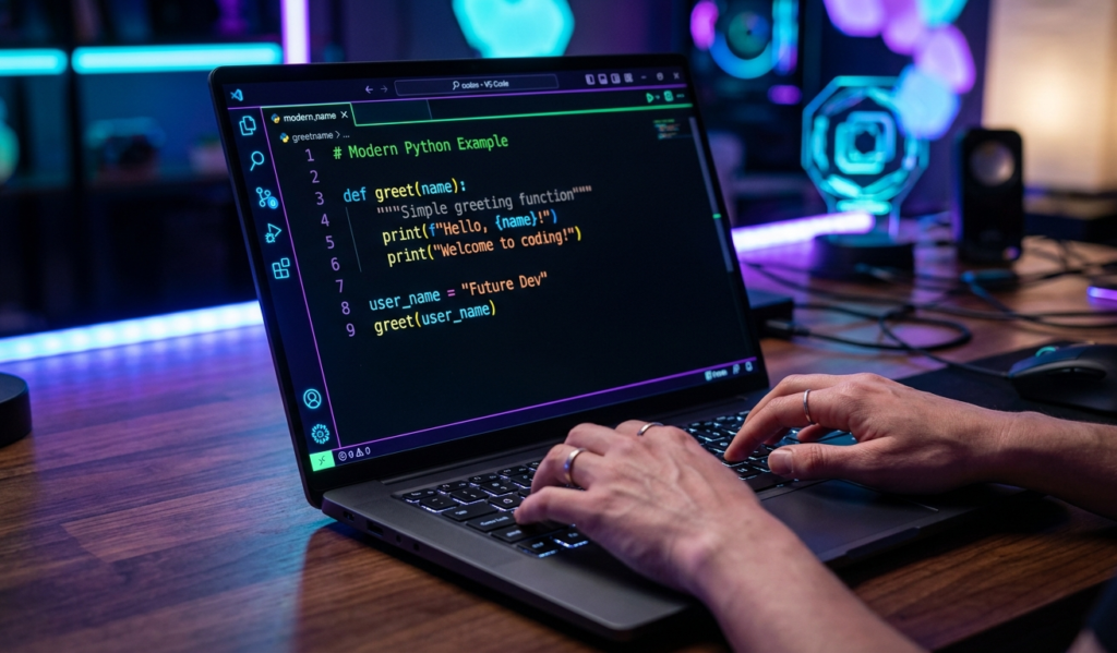 Laptop screen showing simple lines of code, beginner-friendly interface, bright neon colors, dark mode coding environment, hands typing, futuristic tech atmosphere