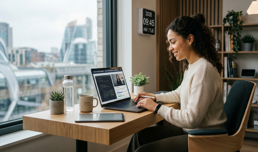 A young person sitting at a clean desk with a laptop, learning tech skills online, soft natural lighting, modern workspace, minimalistic style, coffee cup beside laptop, educational vibe, 2026 futuristic touch