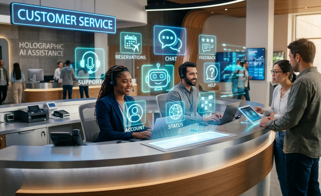 A customer service desk with holographic AI assistant icons floating around