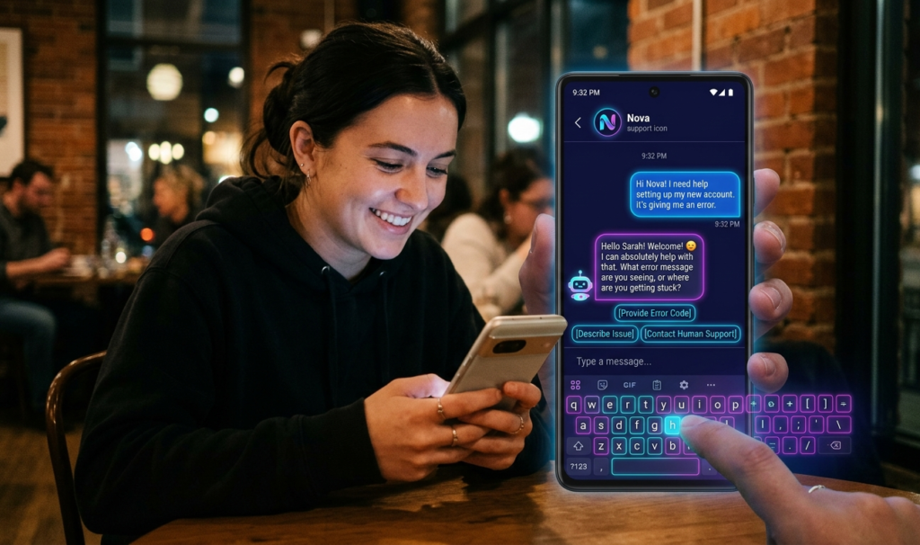 A person chatting with an AI support bot on a smartphone, glowing digital interface