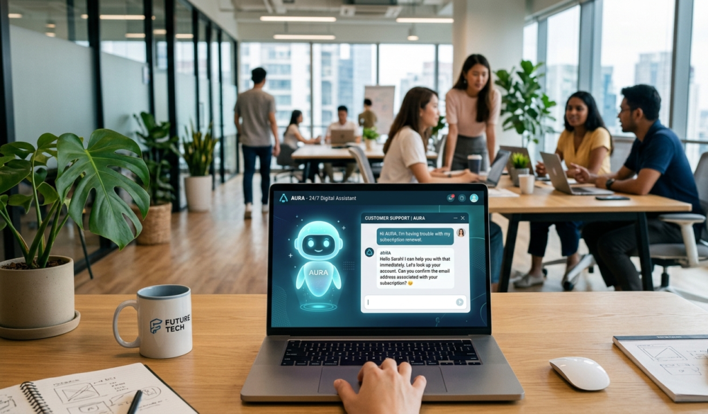 A futuristic AI chatbot assisting customers on a laptop screen in a modern office