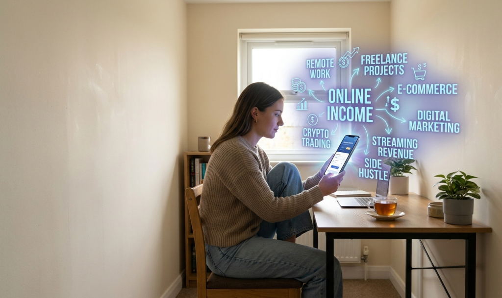 A person sitting in a simple room working on a phone with a glowing “online income” concept overlay
