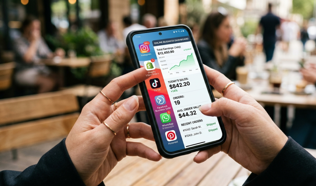 Close-up of hands holding a smartphone showing online business apps, social media, and earnings dashboard