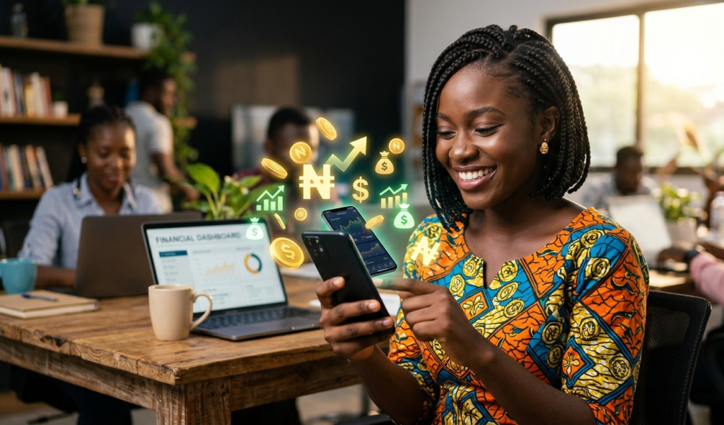 A young African entrepreneur smiling while using a smartphone with floating money icons around the screen