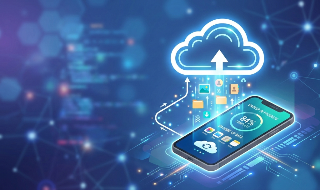 Cloud backup icon with a smartphone.