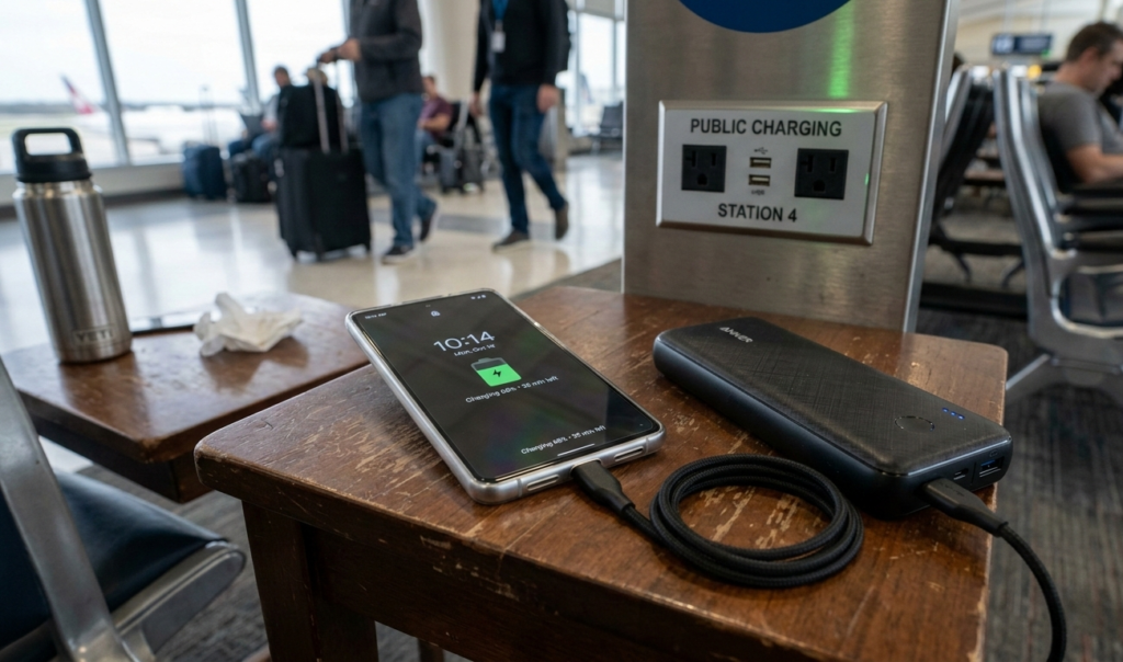 A phone charging from a power bank instead of a public port.