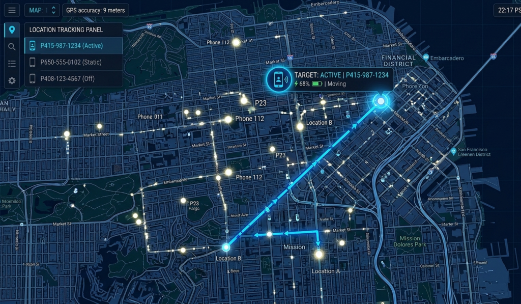 A map showing phone location tracking.