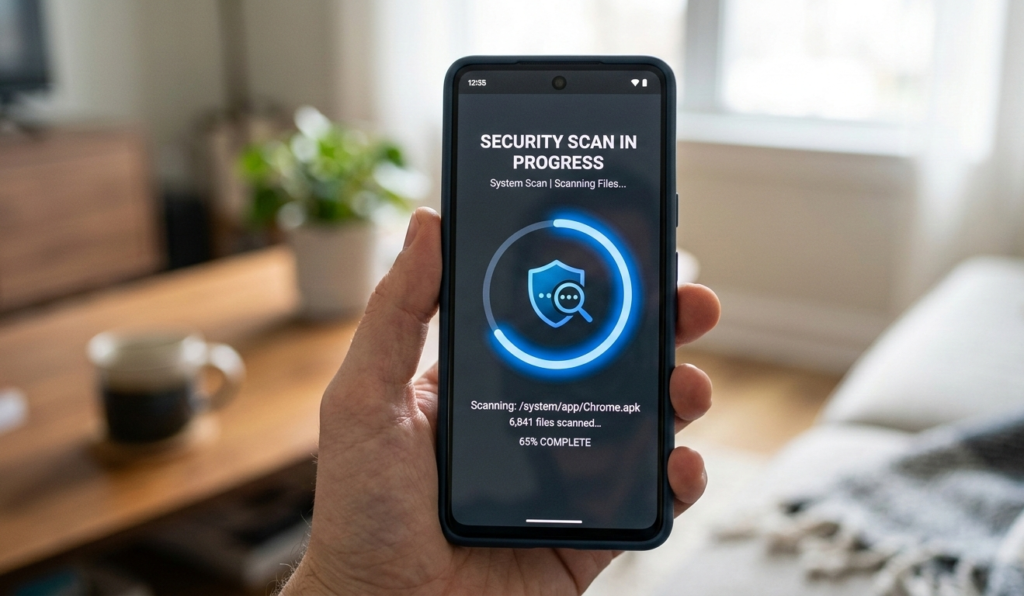 A phone showing a security scan in progress.
