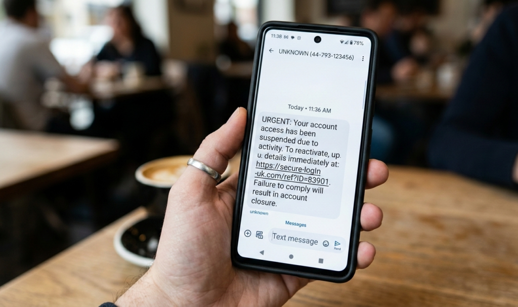 A phone showing a suspicious SMS message.