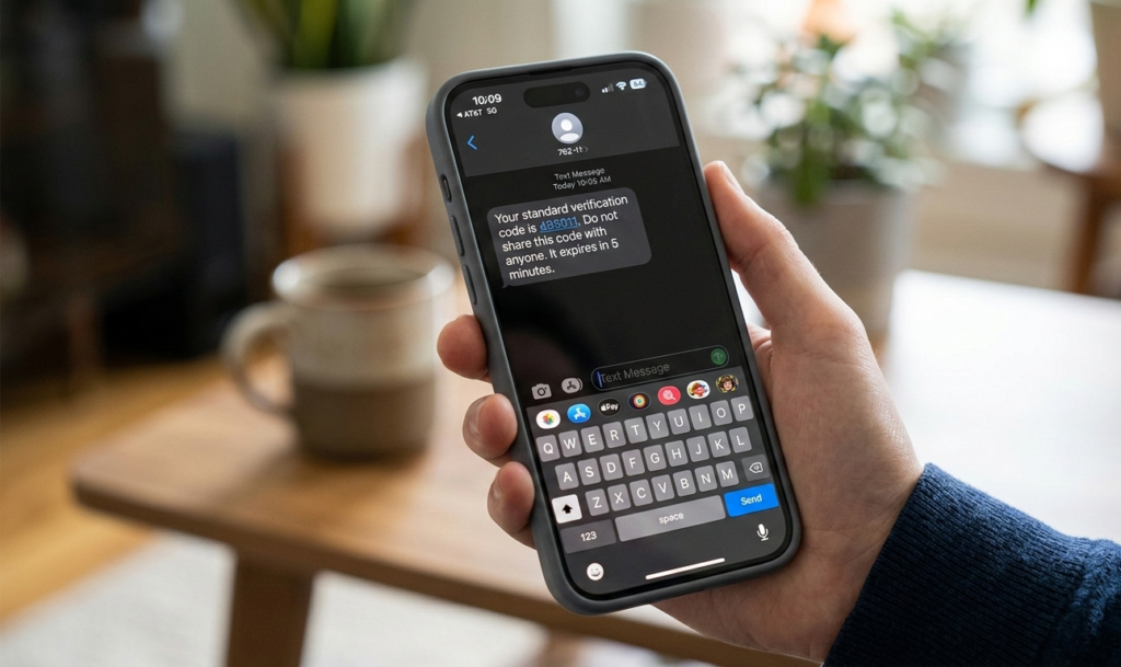 A phone screen showing a verification code message.