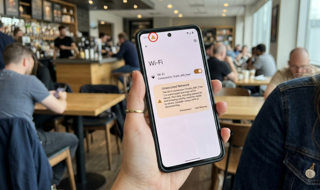 A phone connected to public Wi-Fi with a warning symbol.