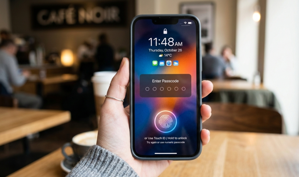 A smartphone lock screen showing a password or fingerprint unlock.