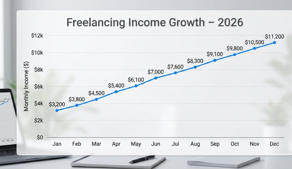 A simple income growth chart labeled “Freelancing Income Growth – 2026.