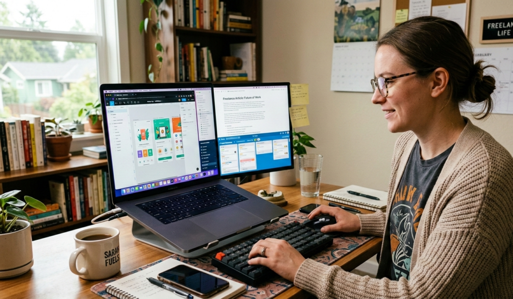 A profile page mockup showing a freelancer headshot, bio, skills, star ratings, and service packages.