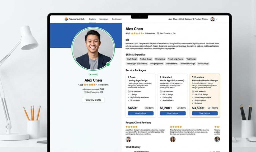 A person watching an online tutorial on a laptop with notes written in a notebook titled “Freelancing Practice Plan.”