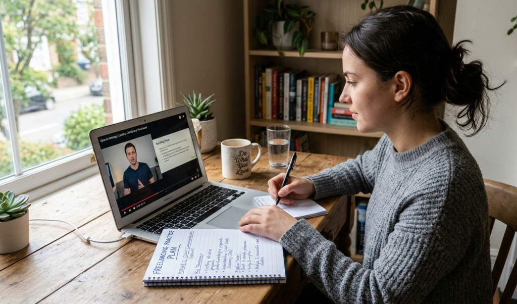 A flat lay of sticky notes with different freelance skills written on them, with one circled in bold marker.