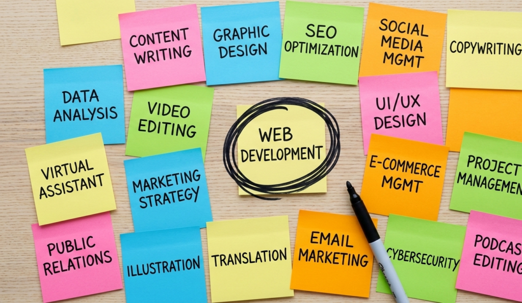 A flat lay of sticky notes with different freelance skills written on them, with one circled in bold marker.