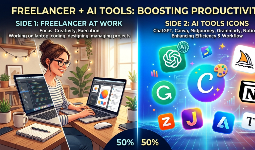 A split-screen graphic: on one side a freelancer working on a laptop, on the other side AI tools icons (ChatGPT, Canva) floating around the screen.
