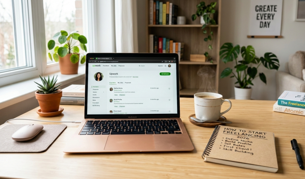 A clean home office setup with a laptop open to a freelancing platform dashboard (like Upwork or Fiverr), coffee beside it, and a notebook titled “How to Start Freelancing 2026.