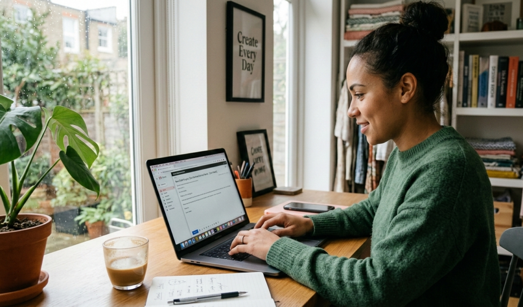 A freelancer sending an email from a laptop with “New Client Inquiry” on screen.