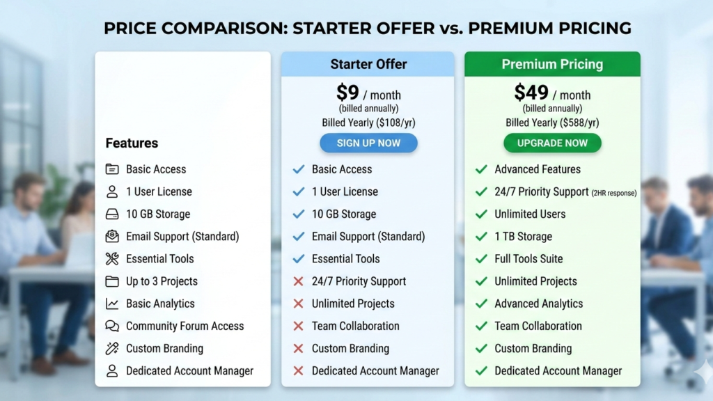 A price comparison chart showing “Starter Offer” vs “Premium Pricing.”