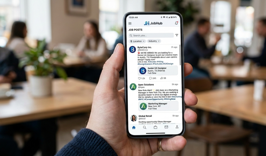 A smartphone screen showing social media job posts.