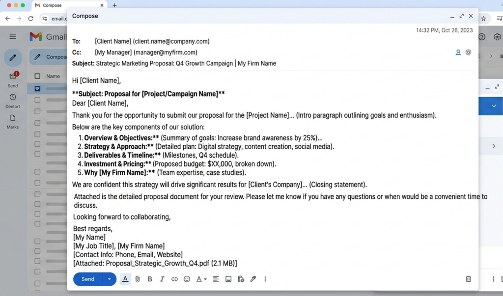 A screenshot-style mockup of a professional proposal message.