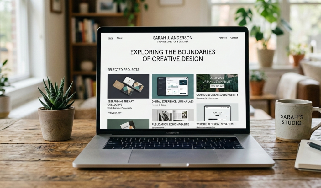 A mock portfolio page displayed on a laptop screen.