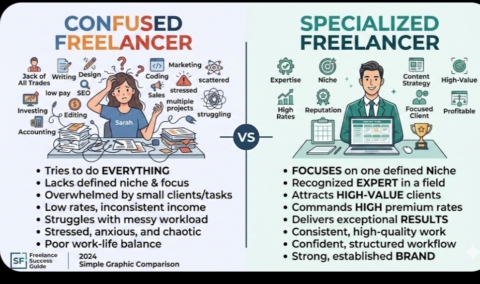 A simple graphic showing “Confused Freelancer” vs “Specialized Freelancer” with clear branding.