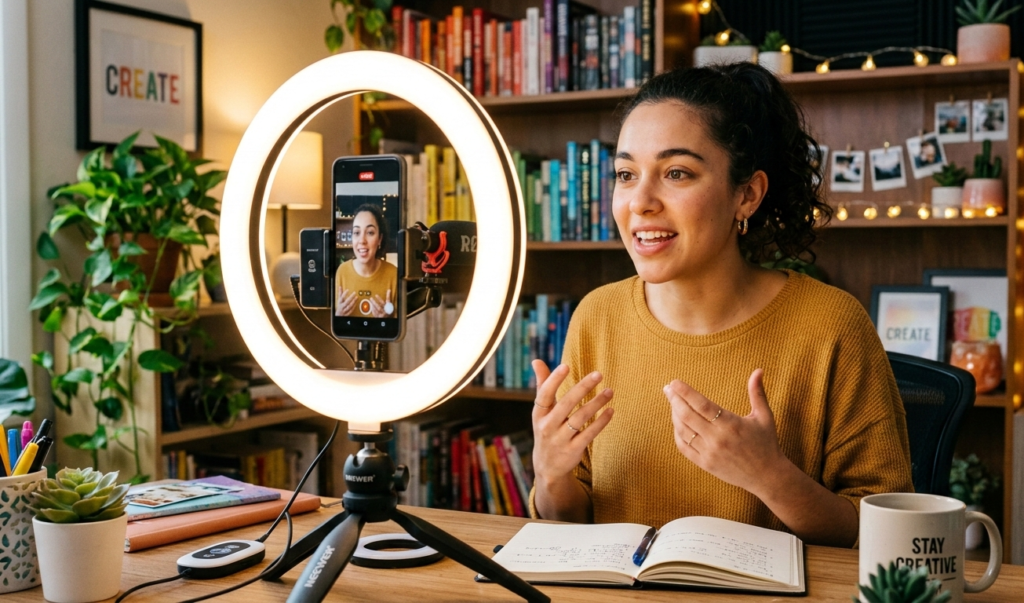 A creator recording content with ring light