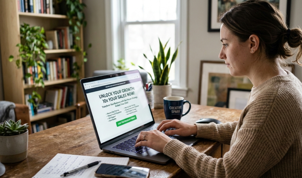 A person typing on a laptop with sales page content on the screen