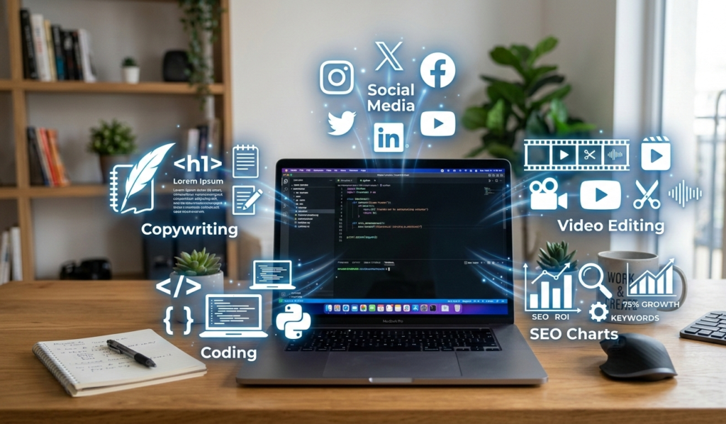 A modern laptop on a desk with icons floating around it (copywriting, coding, video editing, SEO charts, social media logos).