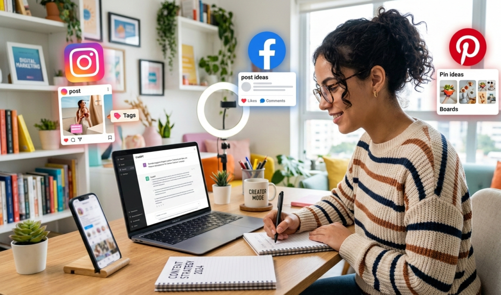 A freelancer creating captions and social media posts using ChatGPT.